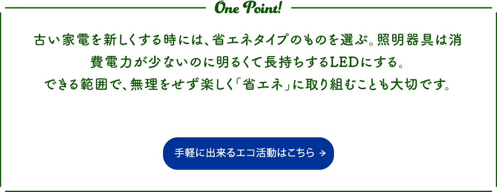 古い家電を新しくする時には、省エネタイプのものを選ぶ。照明器具は消費電力が少ないのに明るくて長持ちするLEDにする。できる範囲で、無理をせず楽しく「省エネ」に取り組むことも大切です。
 手軽に出来るエコ活動はこちらから